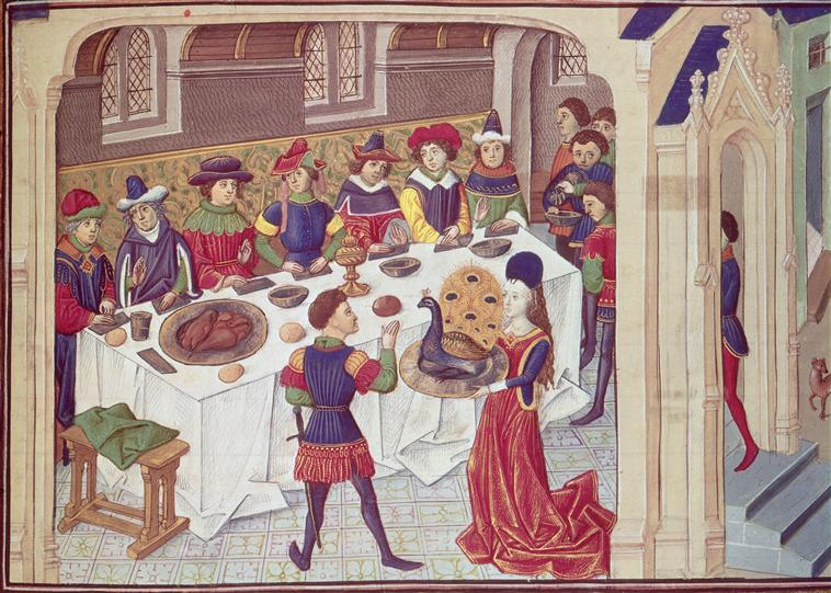 A mid-15th century banqueting scene demonstrates the rich fare and flowing wine that formed the luxurious diet from which at least one medieval monarch died [Wikimedia Commons]